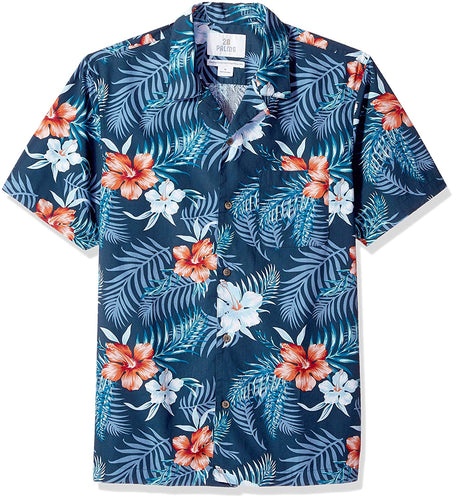Amazon Brand - Camisa hawaiana tropical de algodón 100% con ajuste estándar de 28 palmeras para hombre