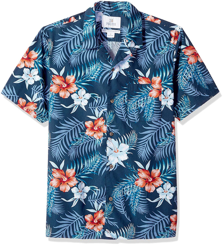 Amazon Brand - Camisa hawaiana tropical de algodón 100% con ajuste estándar de 28 palmeras para hombre